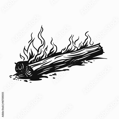 Burning wood logs detailed with vibrant flames black and white silhouette