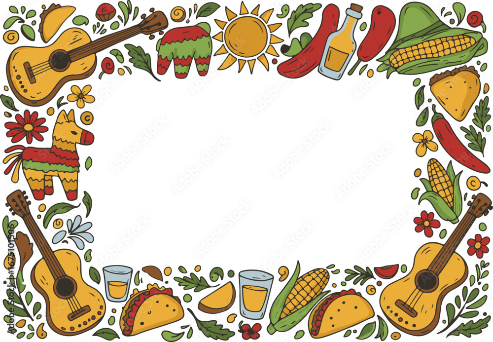 Naklejka premium Mexican Independence Day Frame with Sombrero, Chili Peppers in Whimsical Doodle Style