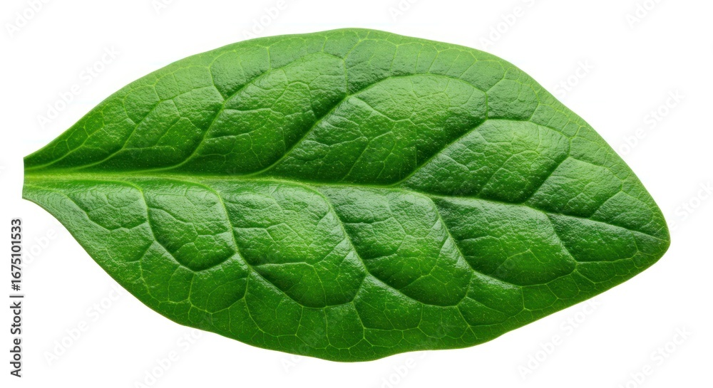 Obraz premium Vibrant close-up of a single fresh green spinach leaf, showcasing its healthy texture and natural beauty, an essential ingredient for culinary and wellness themes