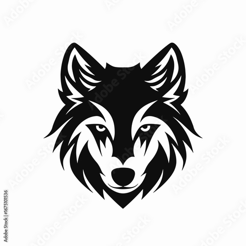Bold wolf head with intense stare in black and white silhouette