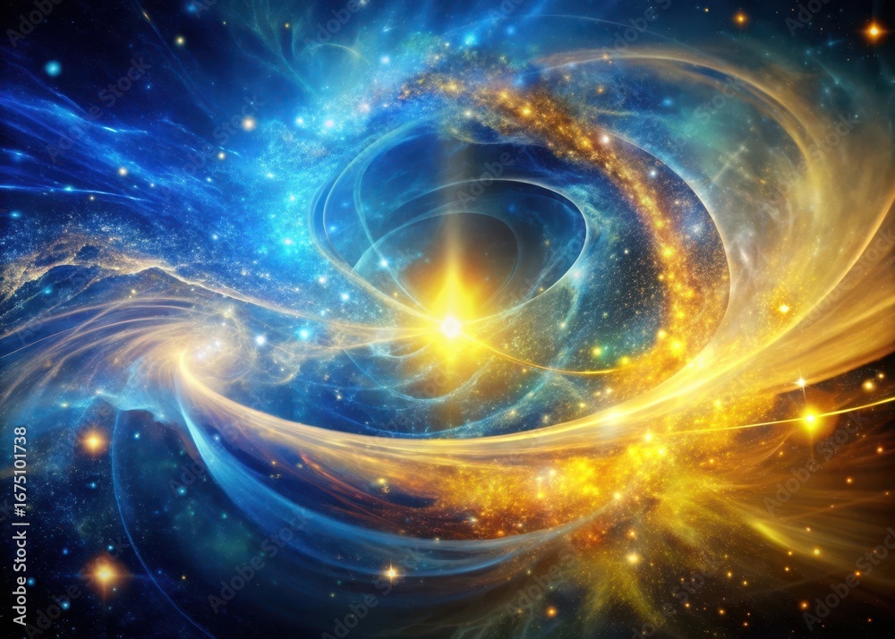 Fototapeta premium Swirling cosmic nebula with vibrant blue and gold energy waves suspended in space