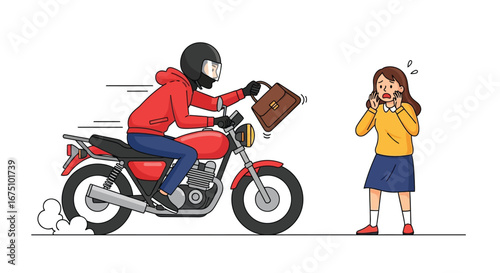 Cartoon Illustration of a Motorcycle Thief Snatching a Woman’s Bag