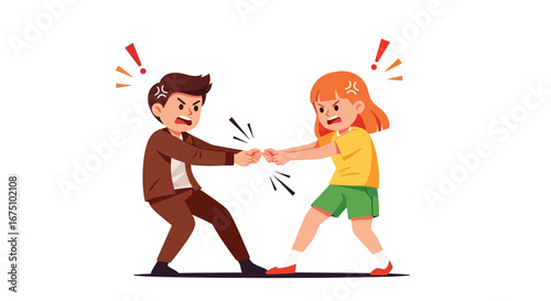 Cartoon Vector Illustration of Boy and Girl Arguing and Fighting