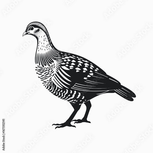 Striking monochrome woodcut of upland game bird stands isolated in profile silhouette