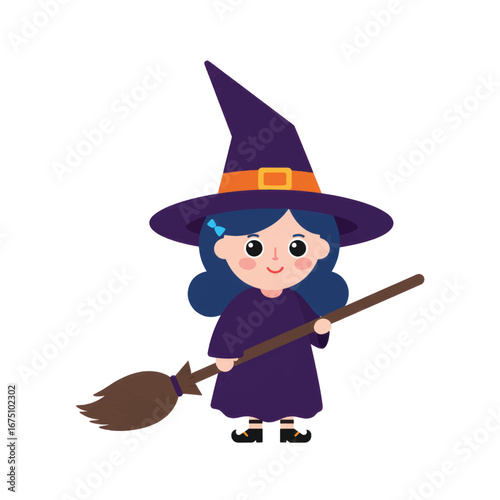 A cute cartoon girl dressed as a friendly witch in a purple costume with a pointed hat and holding a broomstick.