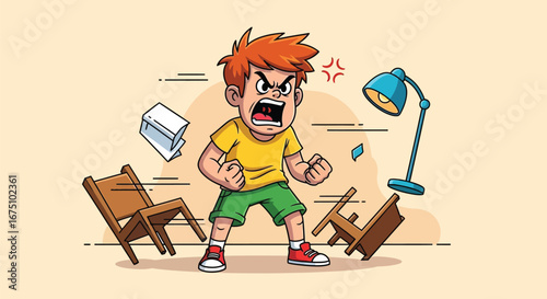 Angry Boy Screaming and Making a Mess Cartoon Vector Illustration