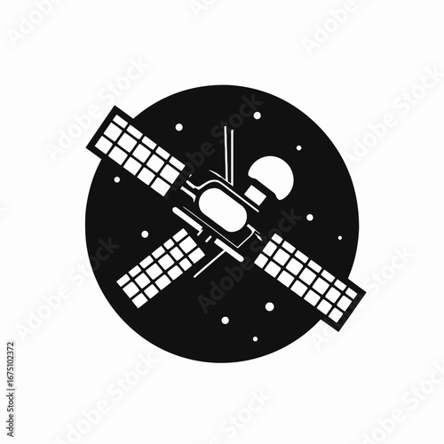 Space satellite orbits within a sphere, depicted as a monochrome silhouette