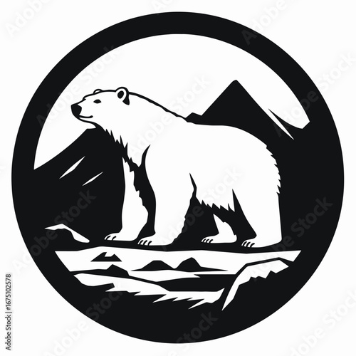 Majestic polar bear standing proudly against arctic mountain range background silhouette