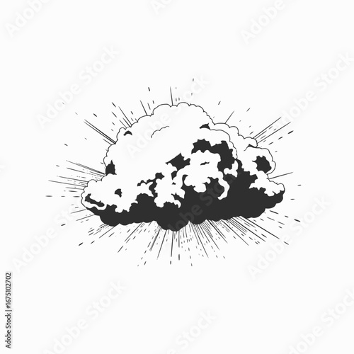 Dramatic cloudburst with radiating light illustration, isolated vector weather silhouette