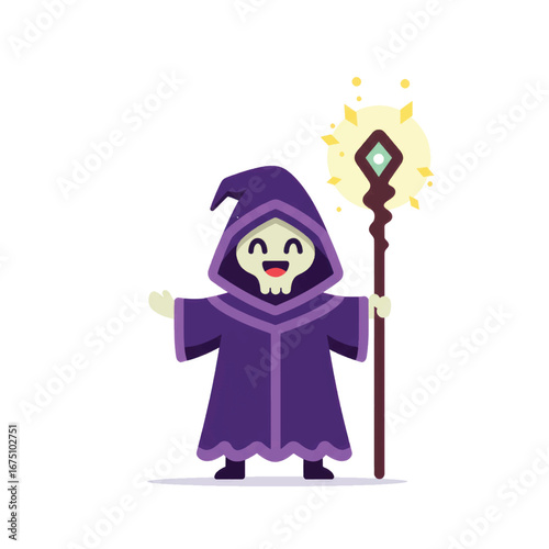 Cute smiling skull wizard in a purple robe holding a glowing magic staff.