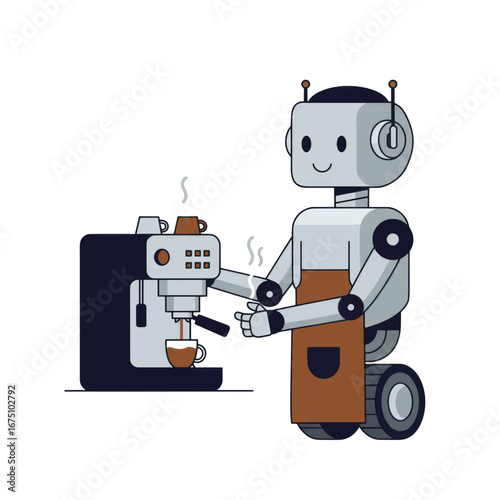 A friendly cartoon robot barista with wheels and an apron making fresh espresso with a coffee machine.