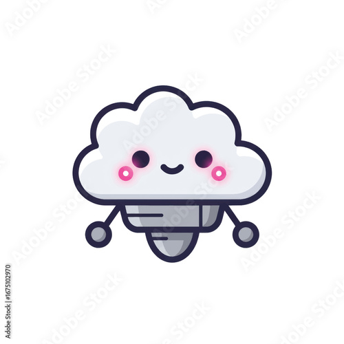 Adorable kawaii cloud robot character with a happy smiling face and blushing pink cheeks.