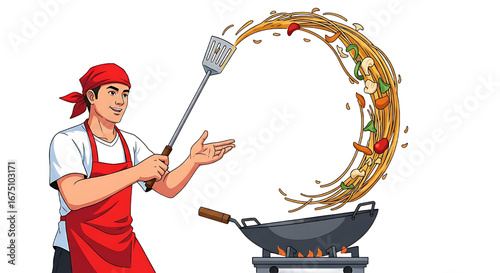 A Street Food Vendor's Signature Cooking Move

