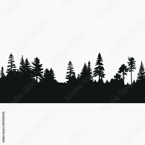 Dark monochrome pine forest scene with artistic evergreen tree silhouette