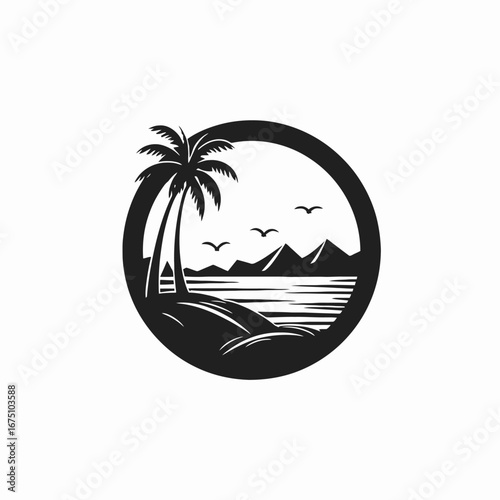 Tropical beach paradise, palm trees, and birds in monochrome circle silhouette