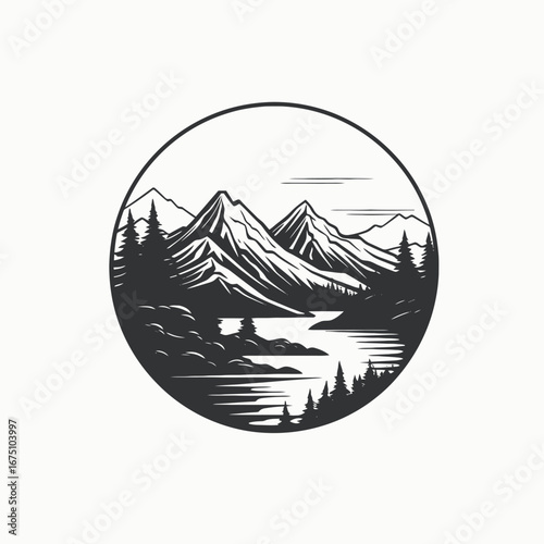 Majestic mountain landscape circle design with reflection in lake monochrome silhouette