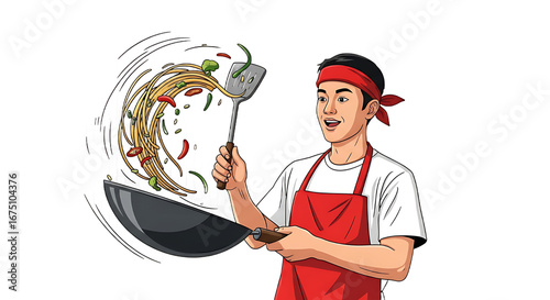 A Street Food Vendor's Signature Cooking Move

