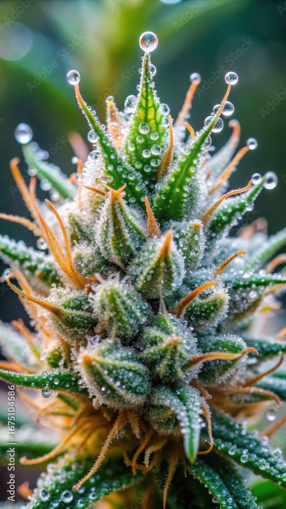 Fototapeta premium Tiny droplets of oil covering intricate fungal growths on a cannabis bud