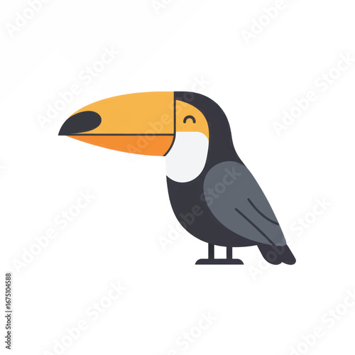 Cute cartoon toucan with a large yellow beak standing with a happy closed eye Flat design vector illustration.