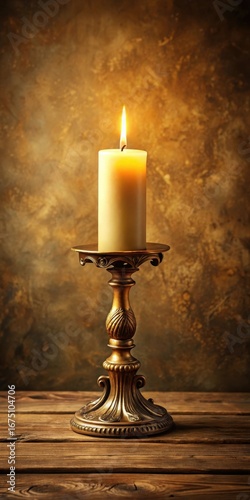 A single pillar candle sits atop an ornate vintage brass holder