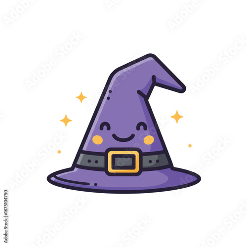 Adorable kawaii purple witch hat with a happy smiling face black belt gold buckle and yellow sparkles.