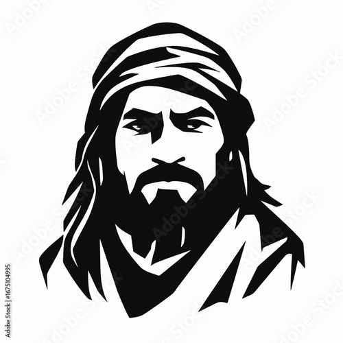 Intricate, stylized rendering of an old Middle Eastern man's portrait silhouette