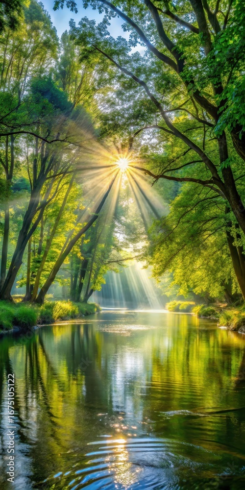 Obraz premium Rays of sunlight filtering through trees along a serene river