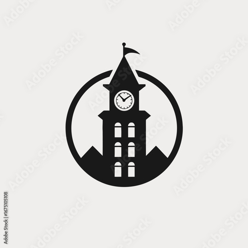 Striking townhall illustration featuring a clocktower in a circle silhouette