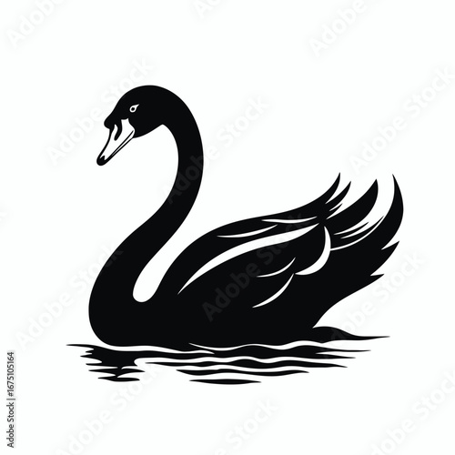 Elegant black swan swimming calmly on water, minimalistic vector art silhouette