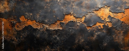 Close up of a heavily corroded metal surface with orange rust and dark gray paint peeling off