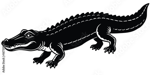 Stylized black and white illustration of a walking alligator
