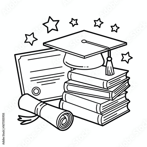 Black and White Graduation Cap with Books and Diploma for Coloring Pages and Educational Resources