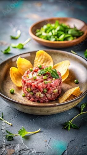 Raw beef tartare served in a shallow bowl with crispy potato chips and fresh herbs