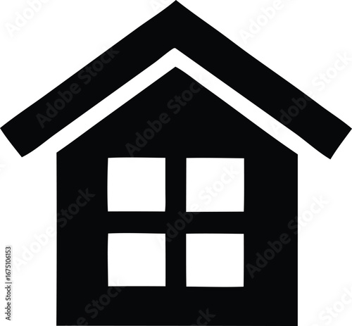 Simple black silhouette of a house with four windows representing home and shelter concepts
