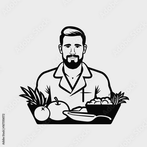 Male chef presents fruits, vegetables, and gourmet dish in dark silhouette