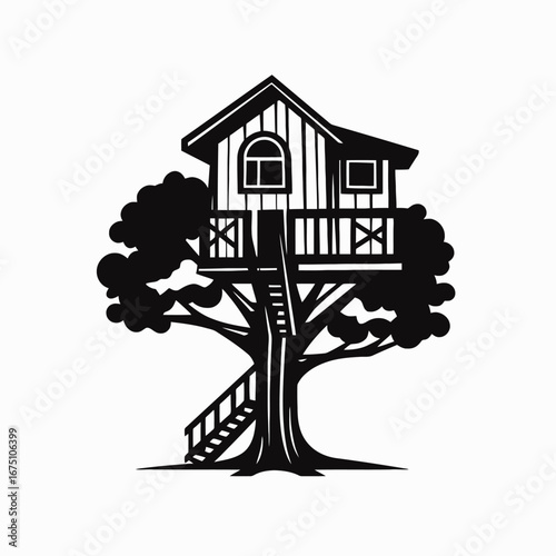 Isolated treehouse vector atop lush tree in black decorative silhouette