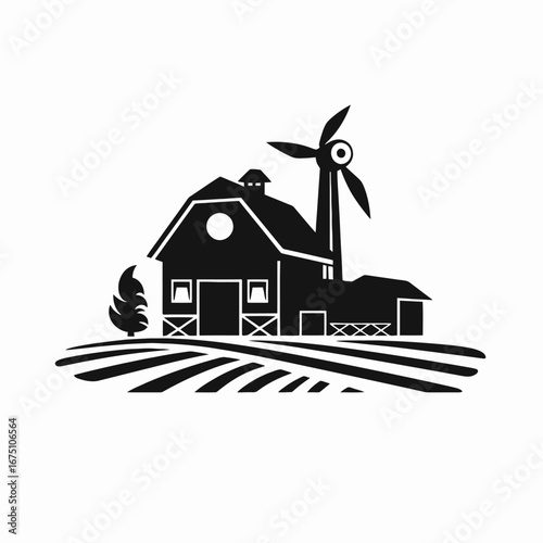 Countryside farm scene with agricultural barn and windmill in black silhouette