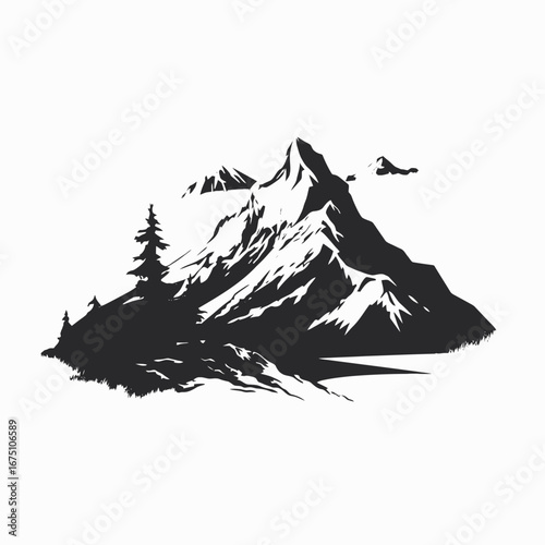 Majestic mountain peaks, tall pine trees create beautiful black artistic monochrome silhouette