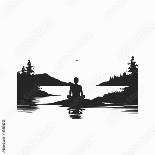 Peaceful meditation by a lake under a flying bird silhouette