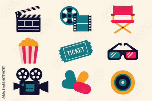 Collection of cinematic icons popcorn tickets clapperboard 3d glasses and more
