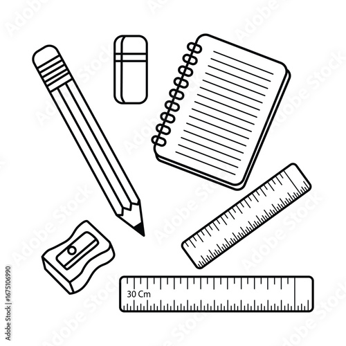 Line Art Illustration of School Supplies Pencil Eraser Notebook Sharpener and Rulers on White Background a Creative Back to School Concept