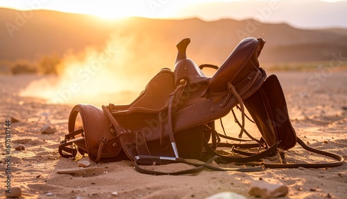 Western leather saddle on the dusty ground during a golden sunset, symbolizing the end of a long day's ride in the American West