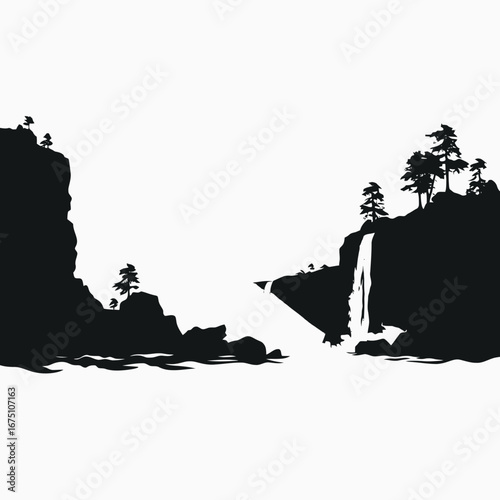 Serene waterfall cascades amidst rocky cliffs, painted in stark monochrome silhouette