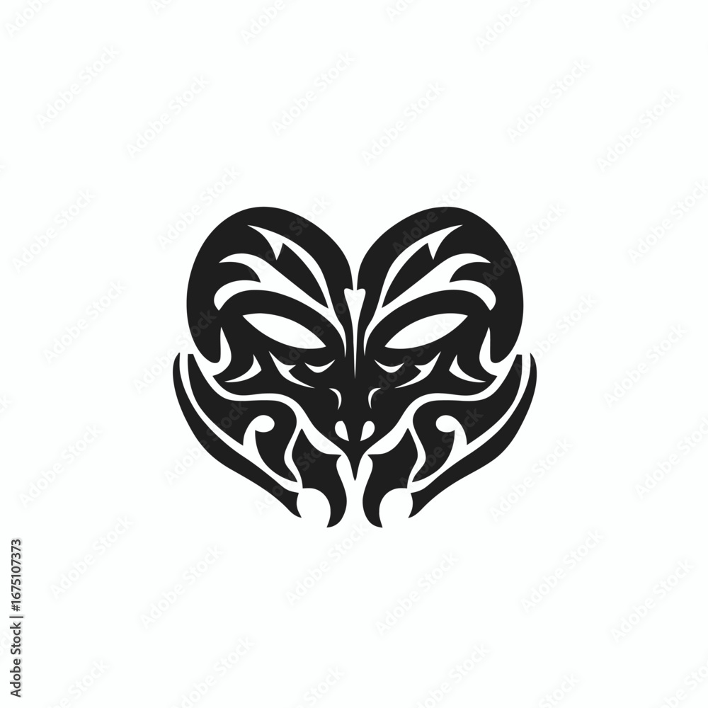 Naklejka premium Intricate Polynesian tribal mask design with powerful black graphic symbol silhouette