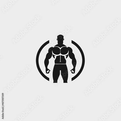 Muscular man with circle, symbol of power and strength, vector silhouette