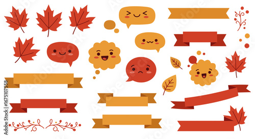 Cute autumnal elements background featuring leaves, banners and adorable speech bubbles