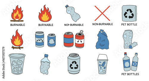 Illustrations showing burnable and non-burnable garbage items for waste management