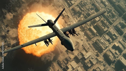 Military drone conducts airstrike over urban area, showcasing modern warfare tactics in action during a conflict