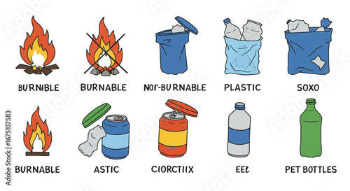 Illustrative guide showcasing different types of waste and their proper disposal methods