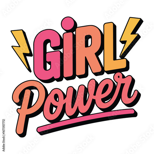 Girl Power Vector Illustration, Feminist Quote Typography Design with Lightning Bolt, Empowerment Text Art for Women and Feminism Clipart